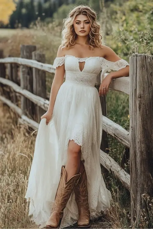 A woman wears a white off the shoulder wedding dress and brown cowboy boots