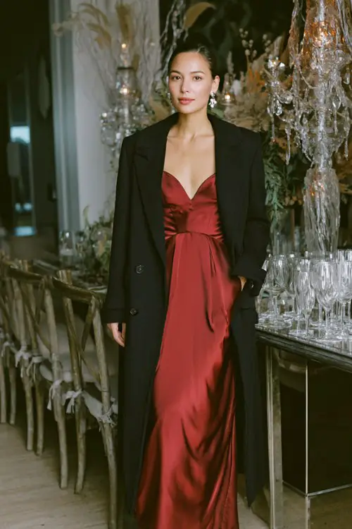A woman wears a wine-red satin gown with a structured black coat and ankle-strap heels