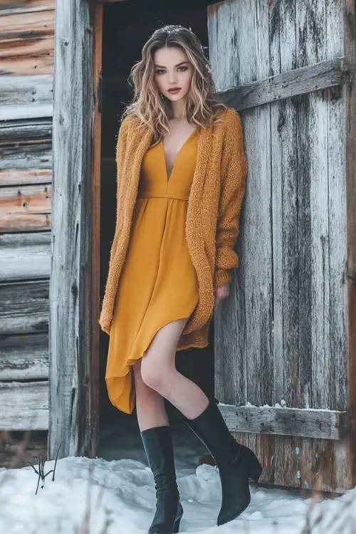 A woman wears a yellow wedding guest dress with black boots and a matching wool coat