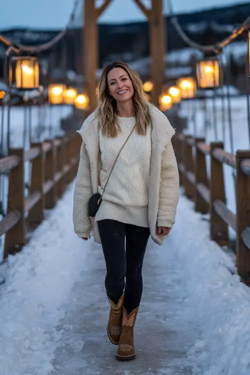 A woman wears black leggings with short tan cowboy boots, a cream oversized sweater, and a teddy jacket