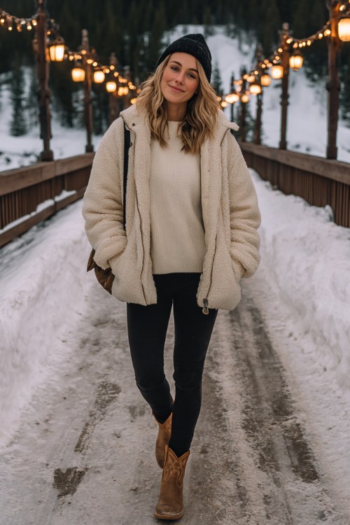 A woman wears black leggings with short tan cowboy boots, a cream oversized sweater
