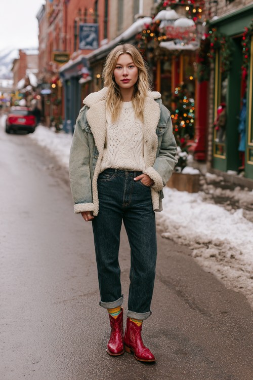 A woman wears cuffed dark-wash jeans with short red cowboy boots, a chunky cream cable-knit sweater, and a shearling-lined denim jacket