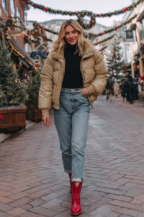 A woman wears cuffed jeans with short red cowboy boots, a black turtleneck, and a tan puffer jacket