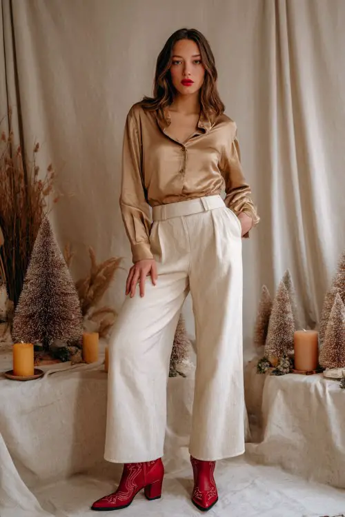 A woman wears off-white wide-leg trousers with a tucked-in camel satin blouse and red cowboy boots