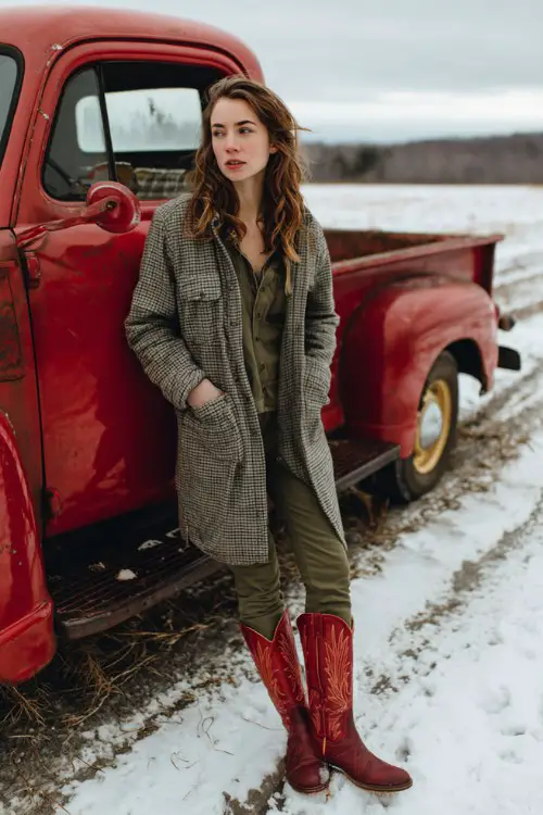 A woman wears olive green leggings with a longline flannel shacket and red cowboy boots