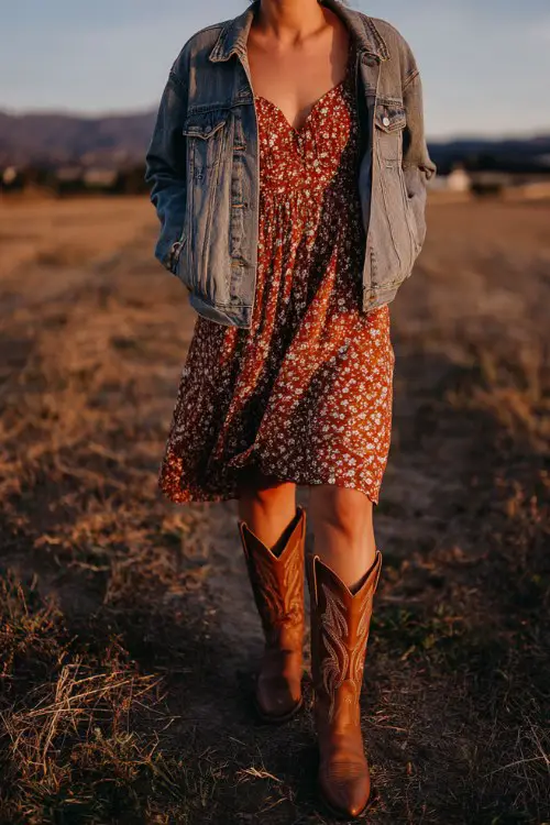 A woman wears tall brown cowboy boots with a bohemian floral midi dress and denim jacket