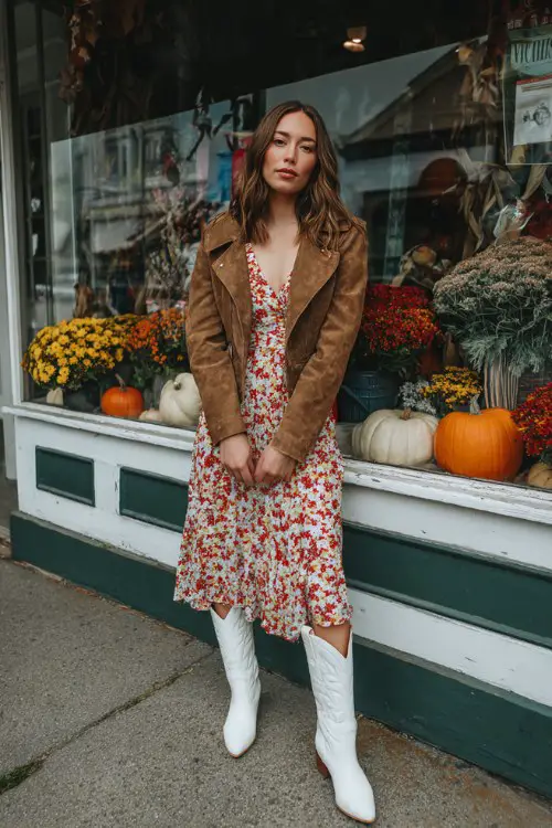 A woman wears white tall cowboy boots with a floral midi dress and a cropped suede jacket