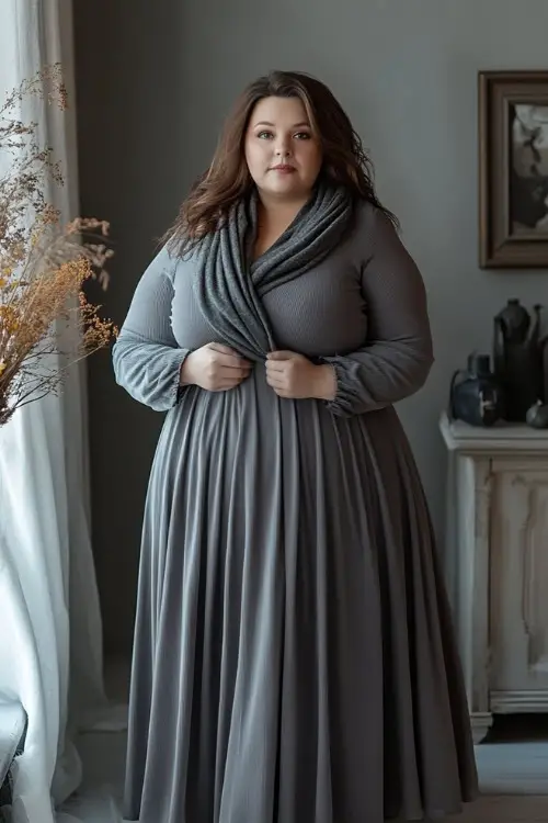 Full-body view of a plus-size woman in a soft gray dress with long sleeves and a softly gathered waist, styled with a wool scarf