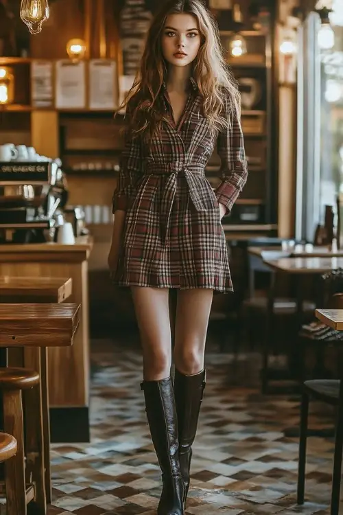 Lady in a relaxed, plaid winter dress with a belted waist, knee-high boots, and casual accessories