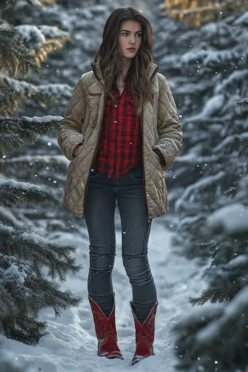Woman in a quilted red flannel under a heavy parka, dark jeans, and red cowboy boots, posing by snow-covered evergreens (2)