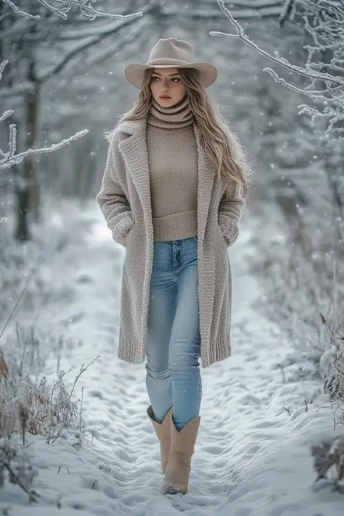 Woman in a wool coat layered over a chunky beige turtleneck sweater, blue jeans, and beige cowboy boots, walking through a snowy forest with icy branches