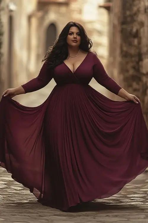 a plus size woman wears a long burgundy wedding guest dress with long sleeves