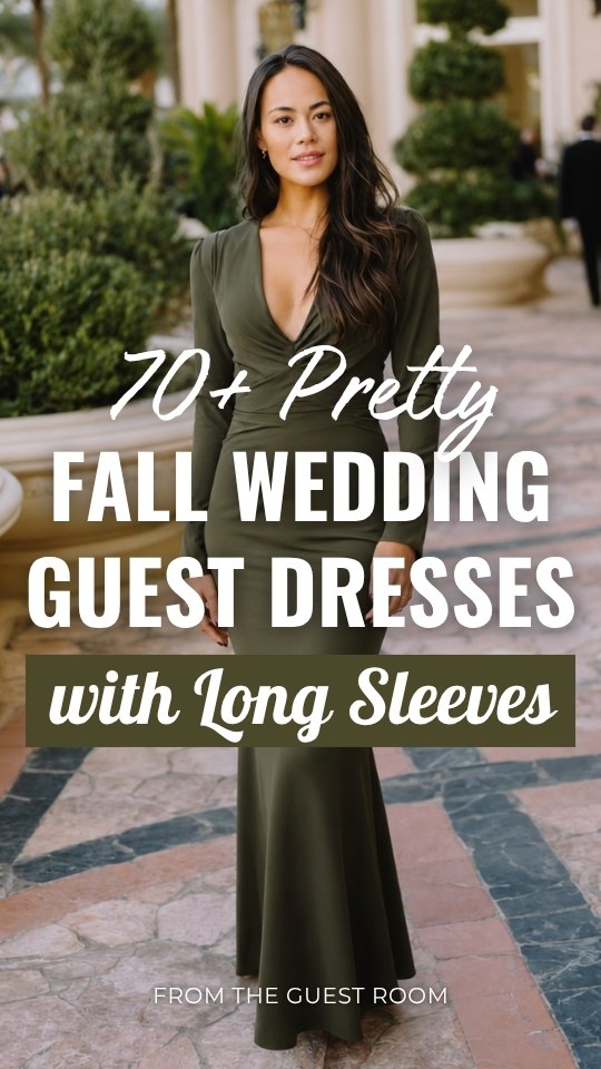 a woman in long sleeve fall wedding guest dress