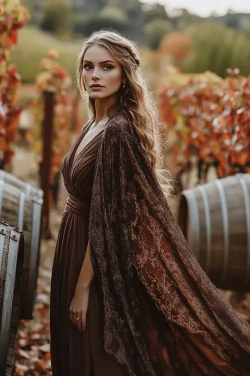 a woman wears a brown wedding guest dress with a matching shawl