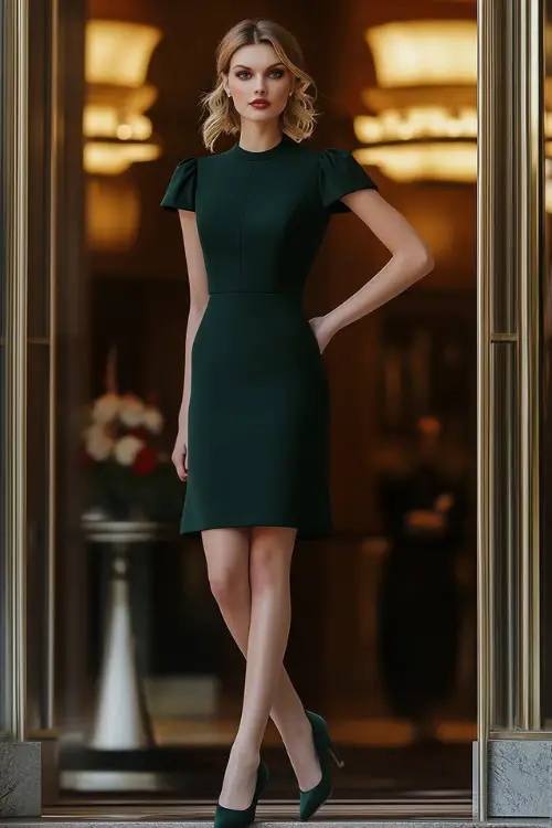 a woman wears a dark green short-sleeved wedding guest dress with matching heels