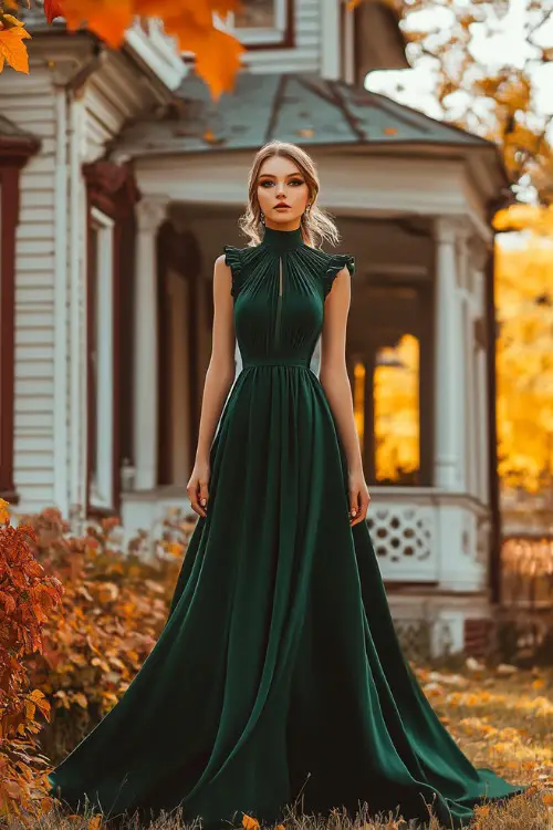 a woman wears a green high neck wedding guest dress