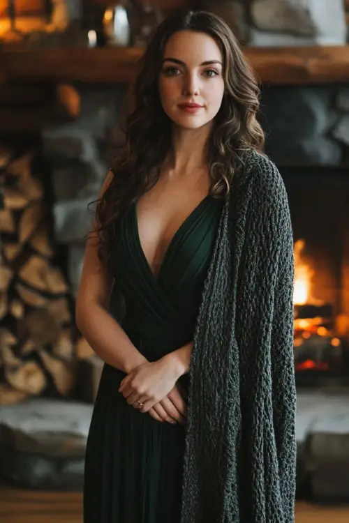 a woman wears a green wrap wedding guest dress with a matching shawl