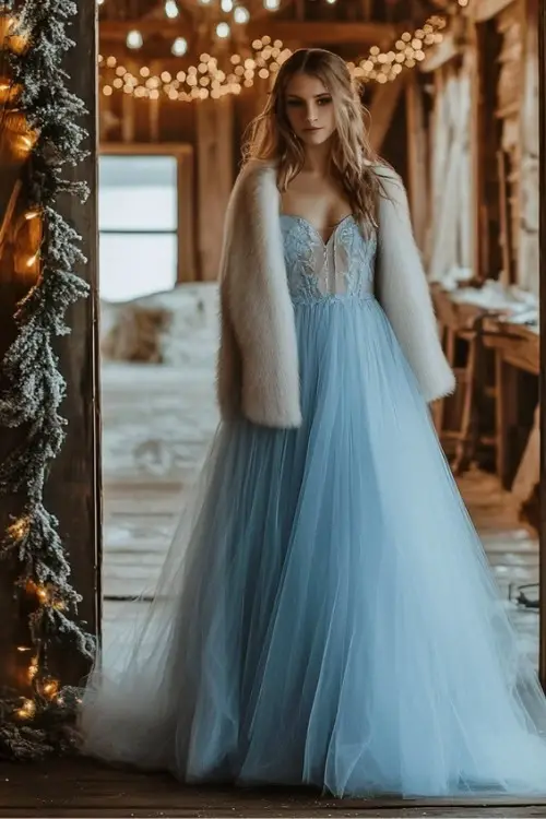 a woman wears a light blue wedding guest dress with a white fur coat