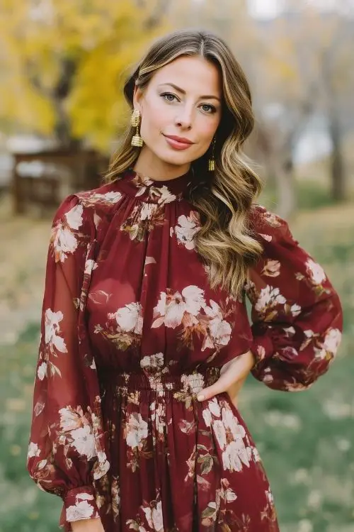 a woman wears a red floral fall wedding guest dress with long sleeves