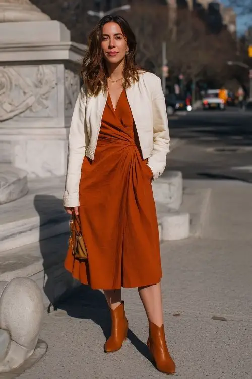a woman wears a rust wrap wedding guest dress with a cream jacket and brown boots