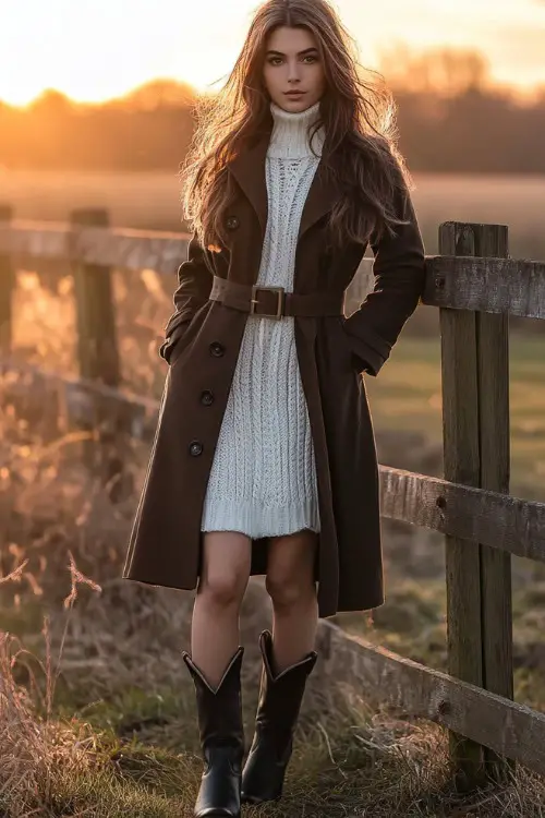 a woman wears a white dress, black cowboy boots and a brown coat (2)