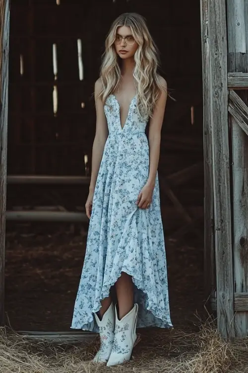 a woman wears a white floral dress with an asymmetrical hemline and white cowboy boots