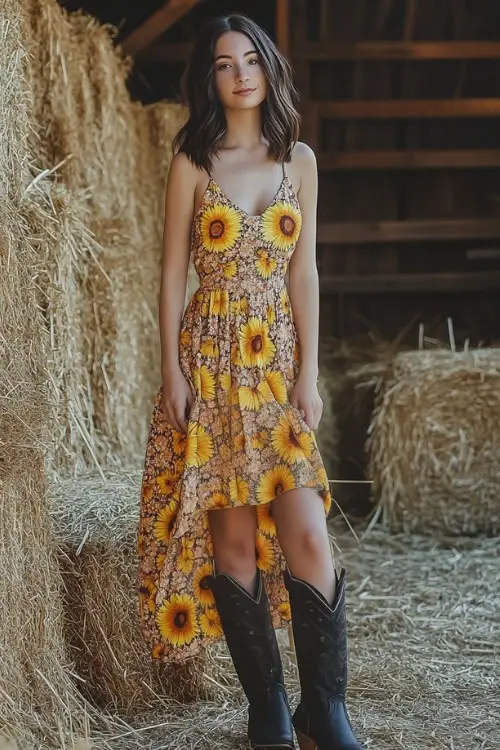 a woman wears a yellow floral dress with a high low hemline and black cowboy boots