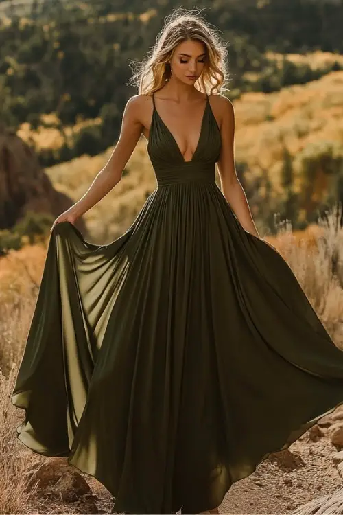 a woman wears an olive green wedding guest dress with thin traps