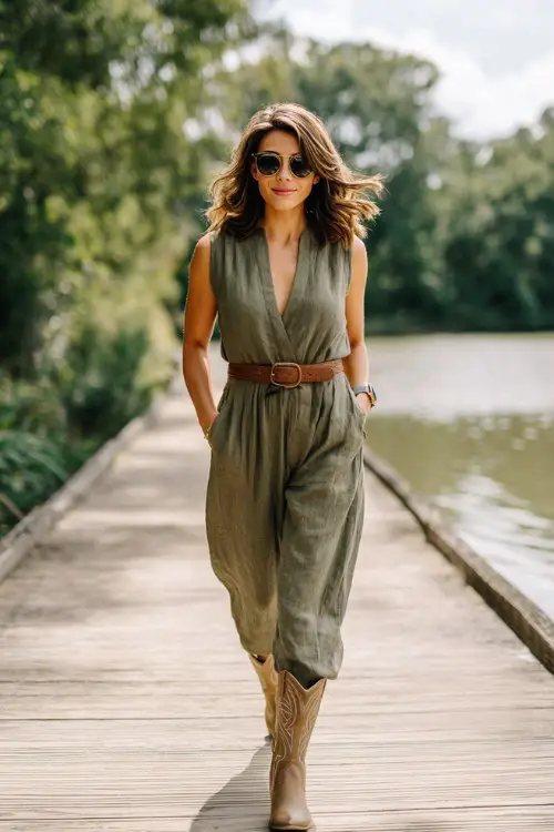 A confident woman walking along a wooden dock beside a serene lake surrounded by lush green trees, wearing a sage green linen deep-V jumpsuit cinched with a brown leather belt