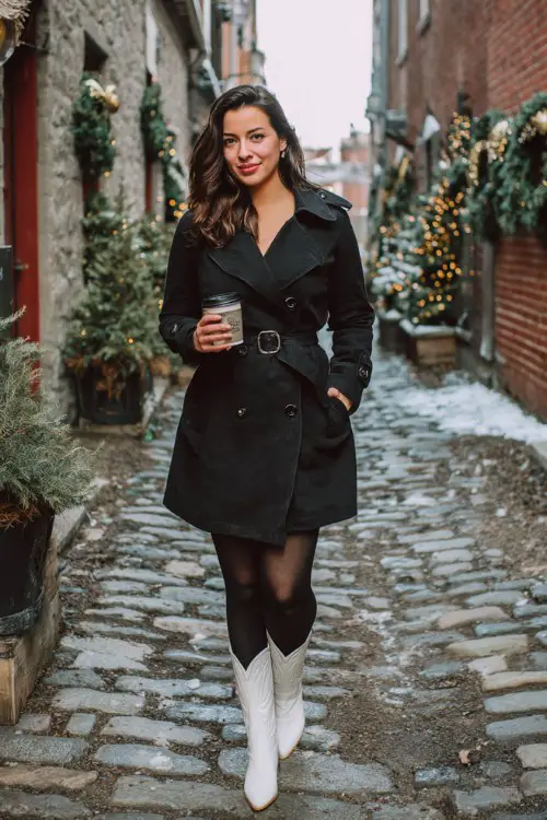 A curvy woman wears a belted black trench coat with black tights and white cowboy boots