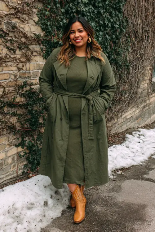 A curvy woman wears a belted trench coat in olive green over a ribbed midi dress, styled with tan cowboy boots and gold hoop earrings