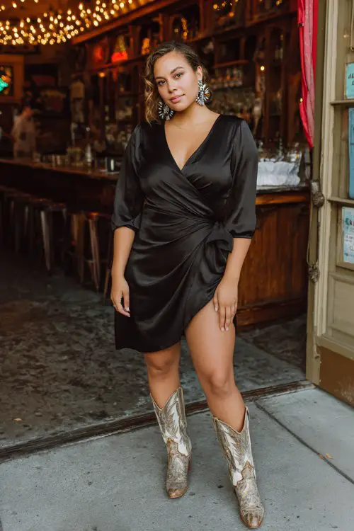 A curvy woman wears a black satin wrap dress with a subtle sheen, styled with two-tone cowboy boots and statement earrings