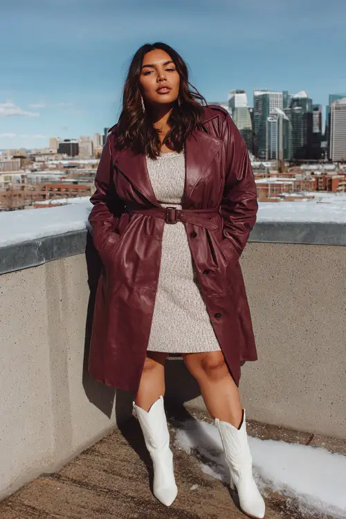 A curvy woman wears a burgundy leather trench coat cinched at the waist, a ribbed midi dress, and short white cowboy boots