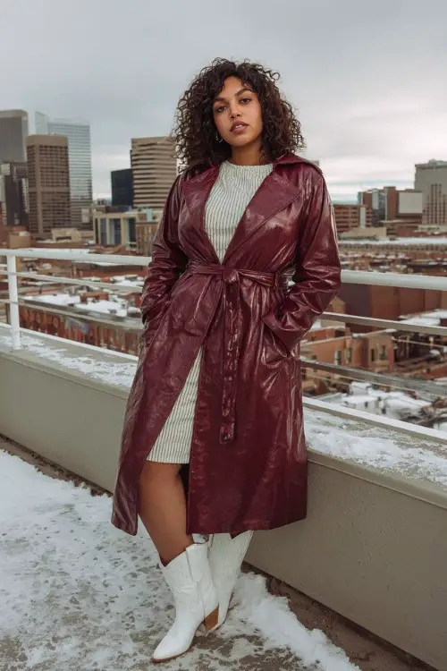 A curvy woman wears a burgundy leather trench coat cinched at the waist, a ribbed midi dress, and short white cowboy boots