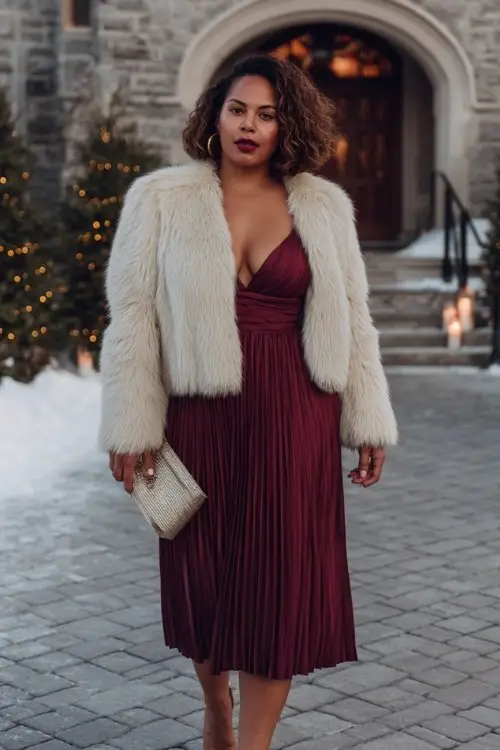 A curvy woman wears a burgundy pleated midi dress under a cropped cream faux fur jacket, holding a metallic clutch