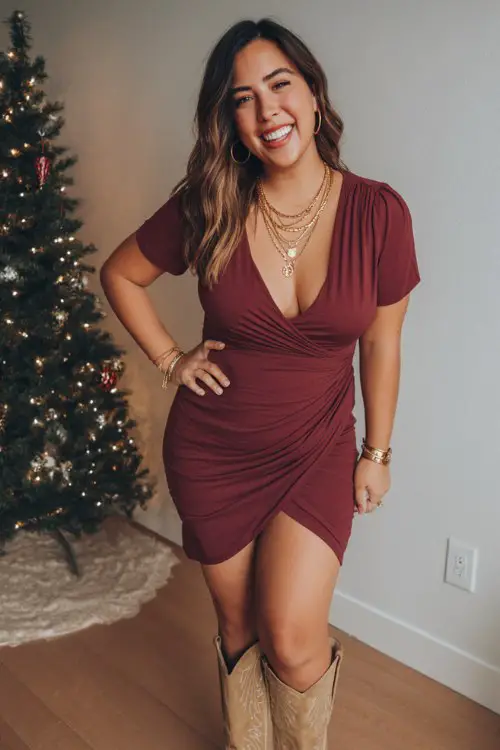 A curvy woman wears a burgundy wrap dress with elegant drape, styled with tan suede cowboy boots and layered gold necklaces