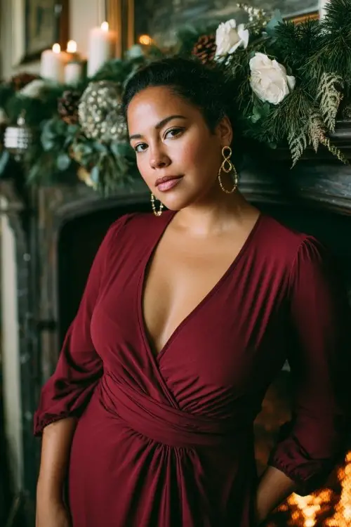 A curvy woman wears a burgundy wrap dress with full-length sleeves and gold hoop earrings