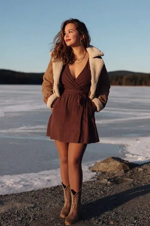 A curvy woman wears a chocolate brown wrap dress with tights and distressed short cowboy boots, layered with a shearling-lined cropped jacket