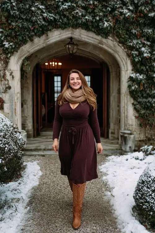 A curvy woman wears a dark burgundy long-sleeve midi dress with subtle pleats, tall tan cowboy boots, and a cashmere scarf