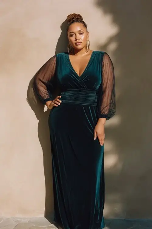 A curvy woman wears a dark teal velvet gown with sheer mesh sleeves and a defined waist, accessorized with gold drop earrings and heels