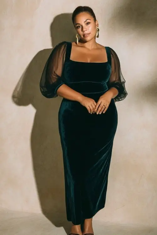 A curvy woman wears a dark teal velvet gown with sheer mesh sleeves and a defined waist, accessorized with gold drop earrings and heels