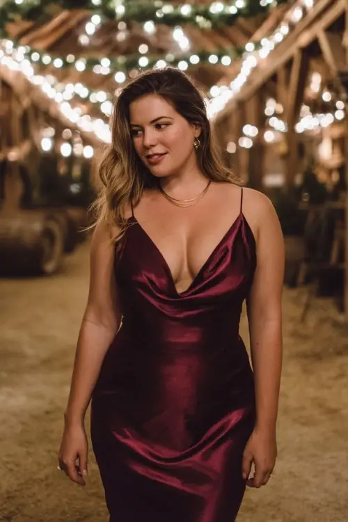 A curvy woman wears a deep plum satin slip dress with a draped cowl neckline and minimal jewelry