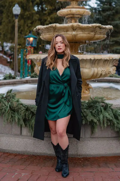 A curvy woman wears a high-neck satin wrap dress in deep forest green, layered with a black belted trench coat and tall black cowboy boots