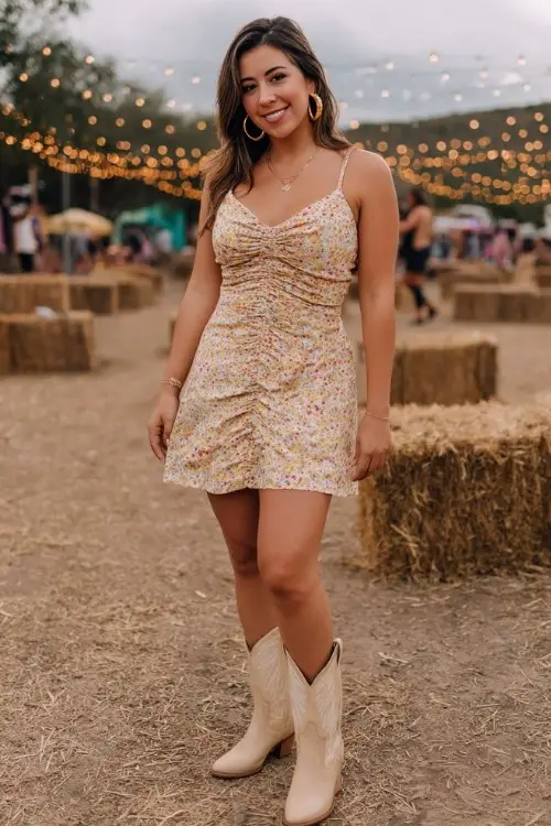 A curvy woman wears a ruched floral mini dress with beige cowboy boots and gold hoop earrings