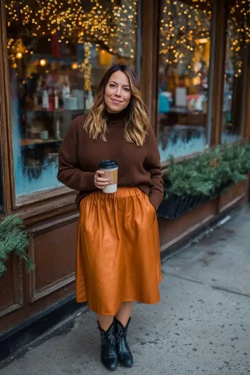 A curvy woman wears a rust-colored midi skirt with a thick turtleneck sweater and short black cowboy boots