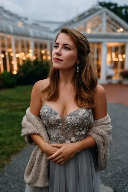 A curvy woman wears a silver-gray dress with floral embroidery on the bodice and tulle skirt, a soft shawl draped over her shoulders