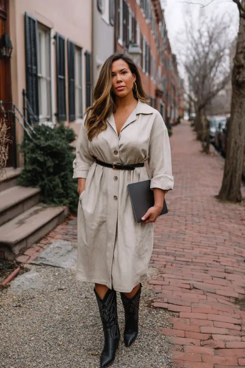 A curvy woman wears a soft midi knit dress with a belted waist, black cowboy boots, and a classic wool trench