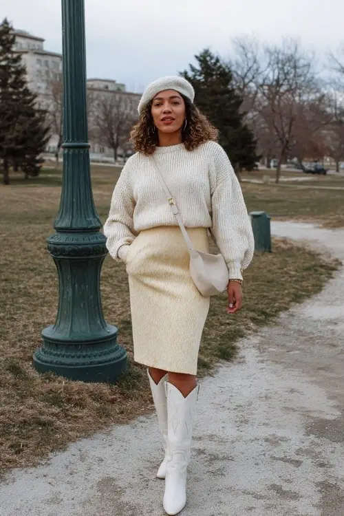 A curvy woman wears a sweater-and-skirt set in soft cream tones, tall white cowboy boots, and a winter beret