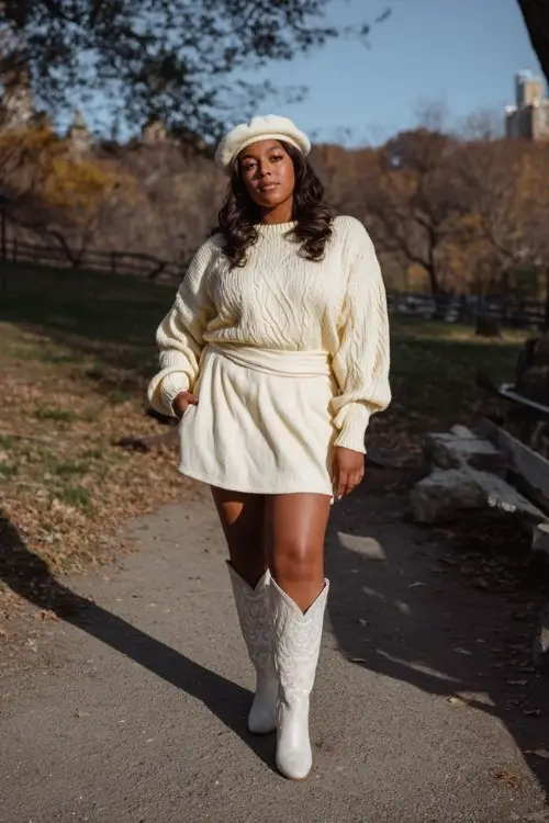 A curvy woman wears a sweater-and-skirt set in soft cream tones, tall white cowboy boots, and a winter beret