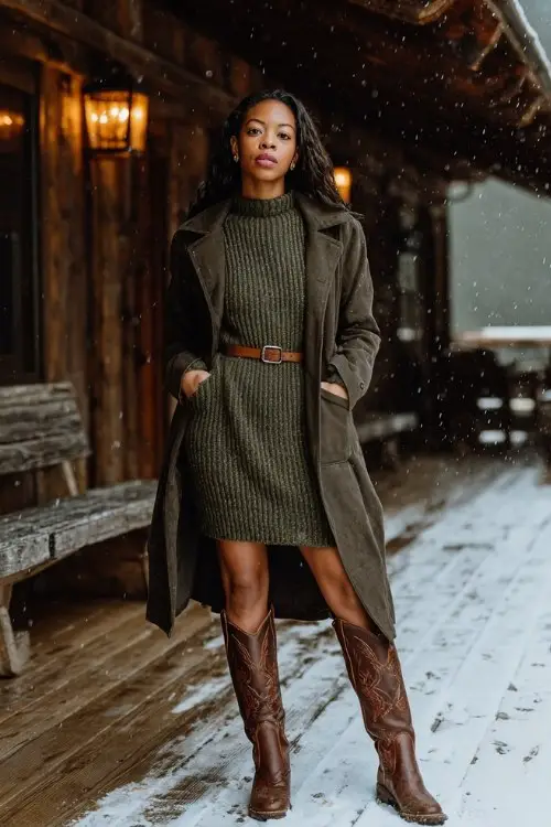 A curvy woman wears a sweater dress in olive green with ribbed texture, layered with a belted coat and tall leather cowboy boots